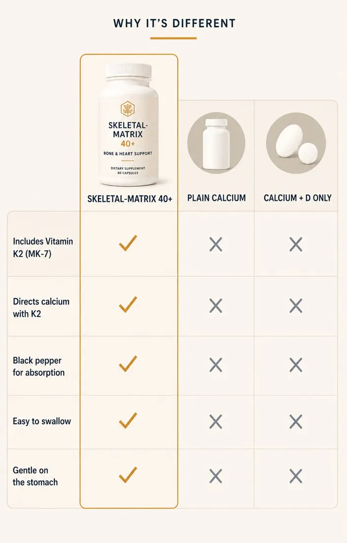 Comparison: Skeletal-Matrix 40+ includes vitamin K2 (MK-7), directs calcium with K2, and adds black pepper for absorption, unlike plain calcium or calcium-plus-D.