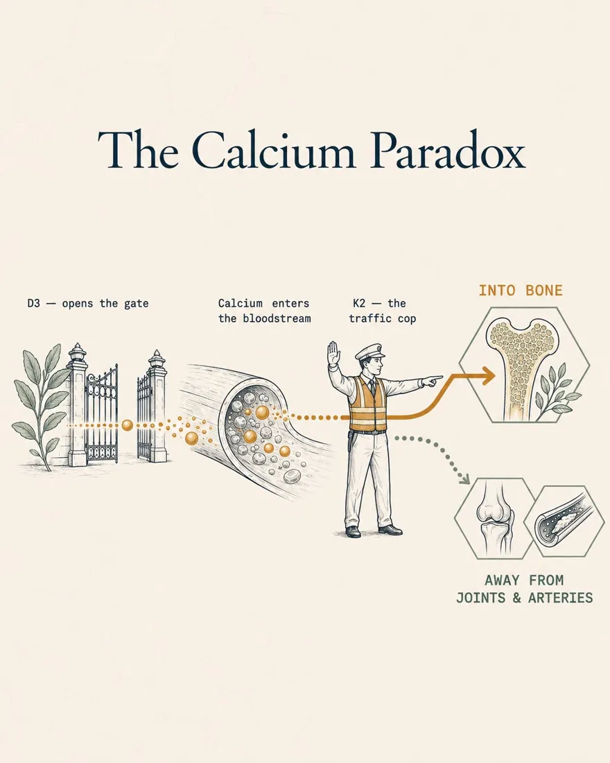 Diagram of the Calcium Paradox: vitamin D3 opens the gate, calcium enters the bloodstream, and vitamin K2 acts as a traffic cop directing calcium into bone and away from joints and arteries.