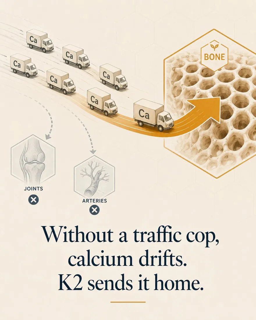 Illustration of calcium delivery trucks: without a traffic cop they drift toward the joints and arteries, while vitamin K2 routes them home into bone.