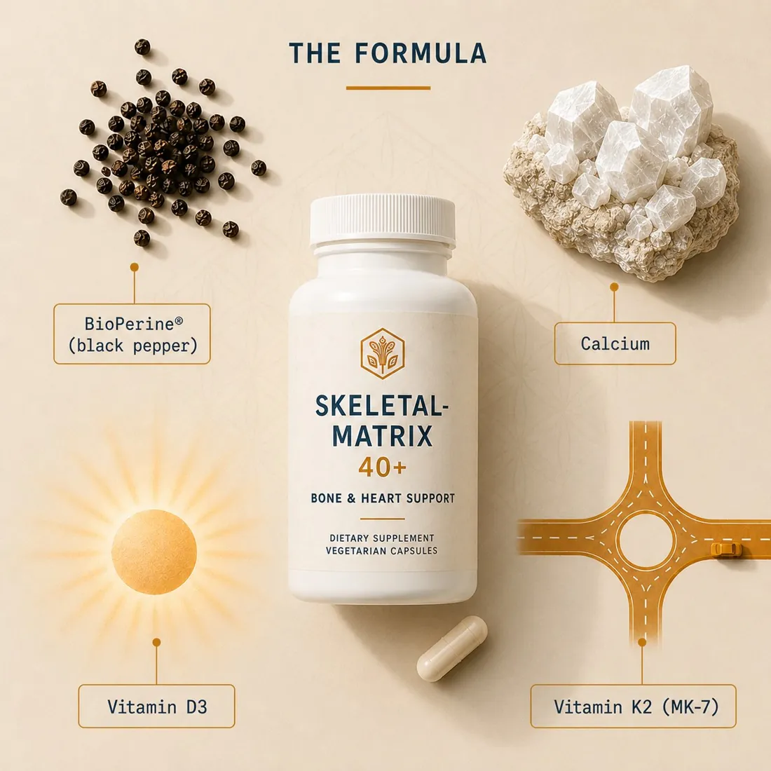 The Skeletal-Matrix 40+ formula: the bottle surrounded by black pepper (BioPerine), calcium, vitamin D3, and vitamin K2 (MK-7).